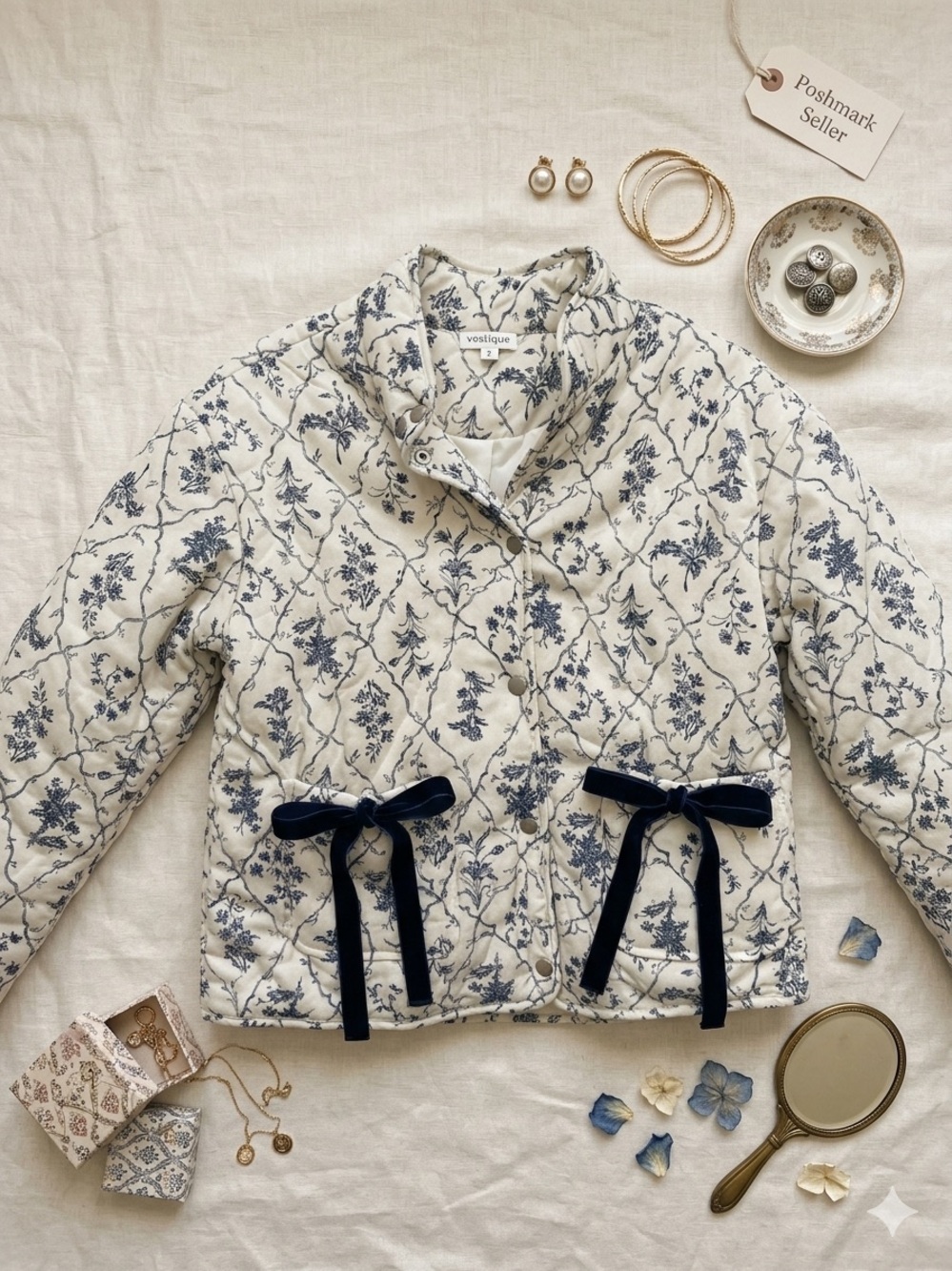 Vestique Blue & White Toile Quilted Puffer Jacket with Bows